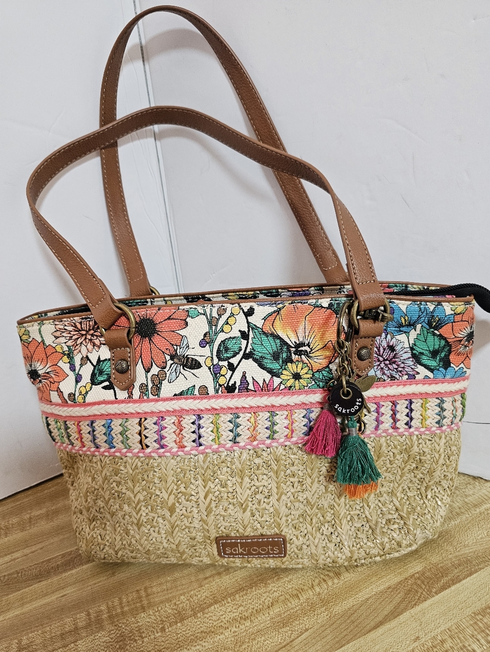 Sakroots Ellis Small Straw Satchel Bag Boho Floral Optic In Bloom Tassel Charms